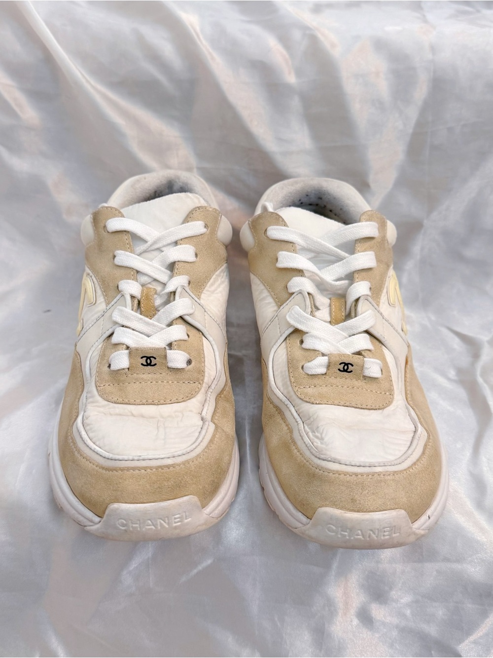 Chanel Beige & White Suede Leather Sneakers - Picture 3 of 8